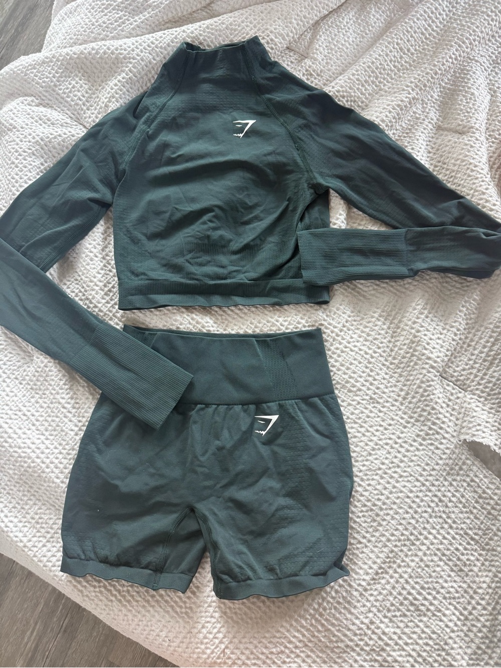 Gymshark Forest Green Ribbed Long Sleeve Crop Top & High-Waist Shorts Set